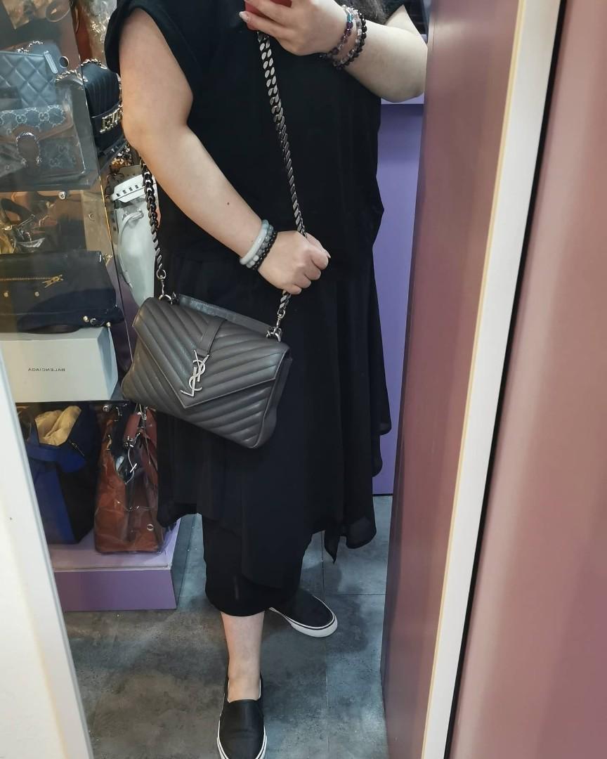 YSL SAINT LAURENT 487213 Medium Matelasse Monogram YSL Logo Grey Calfskin Handbag Grey Carousell
