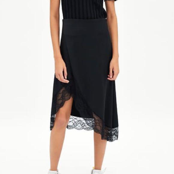 Zara Black Satin and Lace Midi Skirt S Women s Fashion Bottoms
