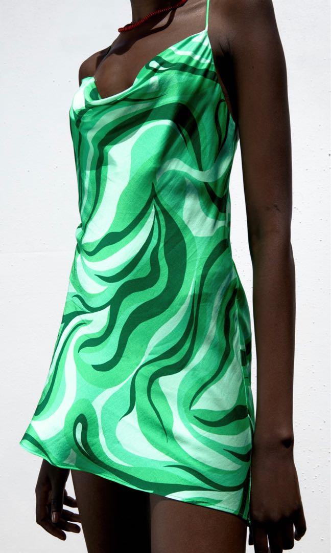 Zara Green Abstract Print Dress, Women ...