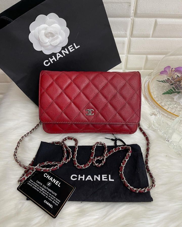 Chanel red caviar leather wallet on chain ( WOC ) with silver hardware