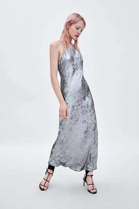 slim fit dress slacks Zara Deep Grey Premium Satin Effect Midi Dress With Long Sleeves