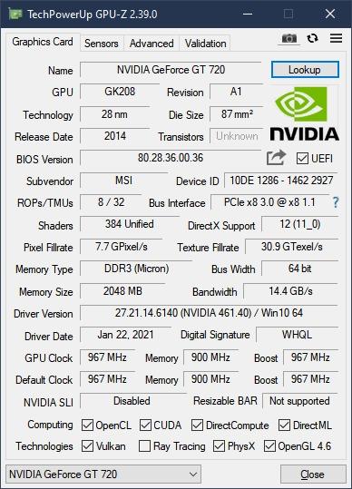 Lenovo NVIDIA GT 720 1gb Pci-e X16 Video Card 00PC597 Dual DisplayPort LP  for sale online