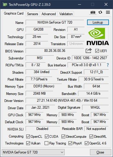 01AG486 - Lenovo NVIDIA GeForce GT720 1GB DDR5 Dual DP Video Graphics Card