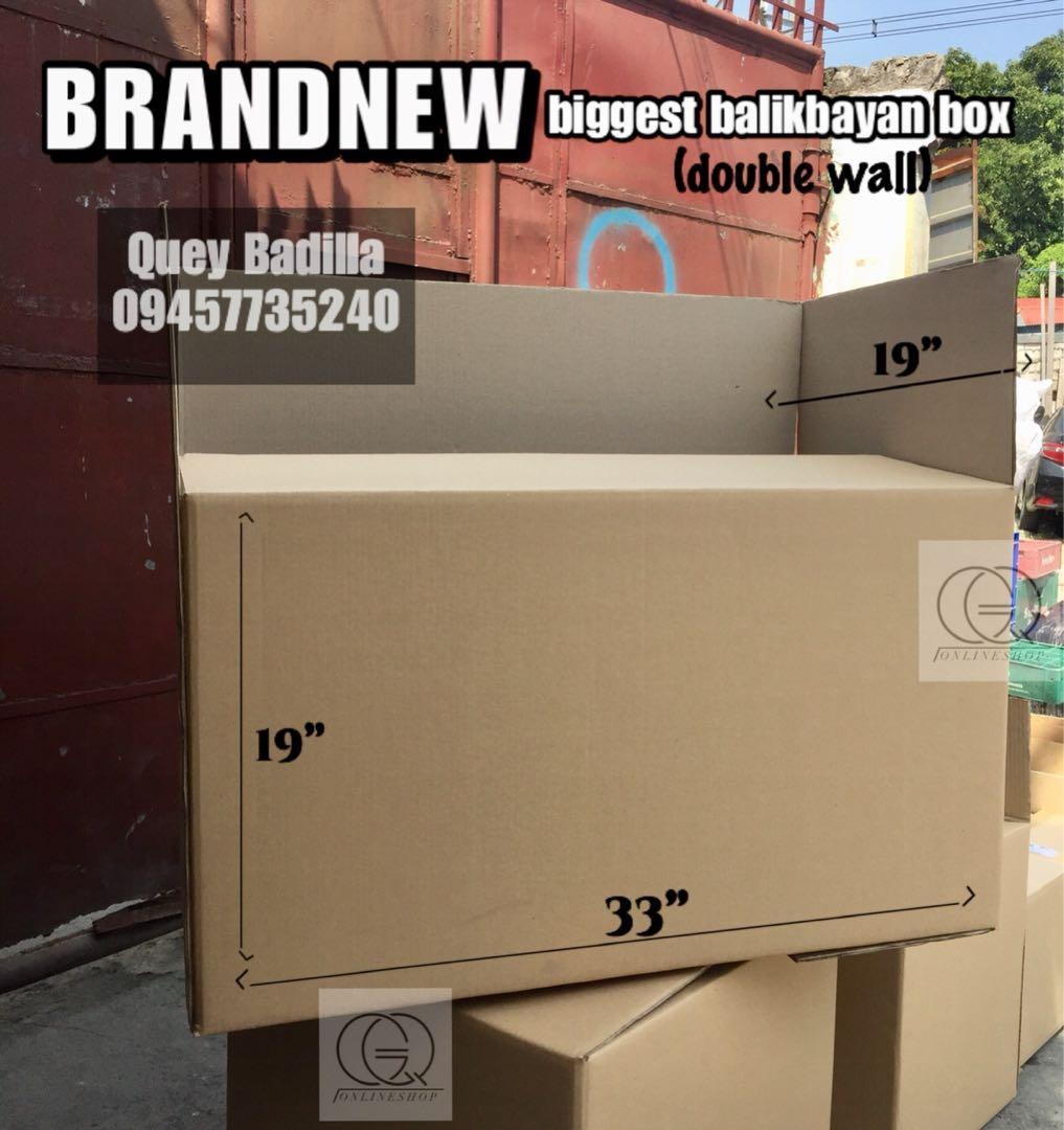 BRANDNEW BALIKBAYAN & SECONDHAND CORRUGATED BOX ATBP (Category: Storage Boxes & Baskets) located in Quezon City. Submitted by gq.packagingsupplies.ph (Listing ID 1093641638, Image 2). Description: 𝗕𝗿𝗮𝗻𝗱𝗻𝗲𝘄 𝗕𝗮𝗹𝗶𝗸𝗯𝗮𝘆𝗮𝗻 𝗕𝗼𝘅 🛒33” x 19” x 19” (heavy duty / double wall) 🛒20” x 20” x 20” (double wall) 🛒20” x 20” x 20” (single wall) 🛒18” x 16” x 18” (single wall) 𝟮𝗻𝗱 𝗵𝗮𝗻𝗱/𝘂𝘀𝗲𝗱 𝗯𝗼𝘅 🛒22” x 12” x 12 for 6gallon (doubl