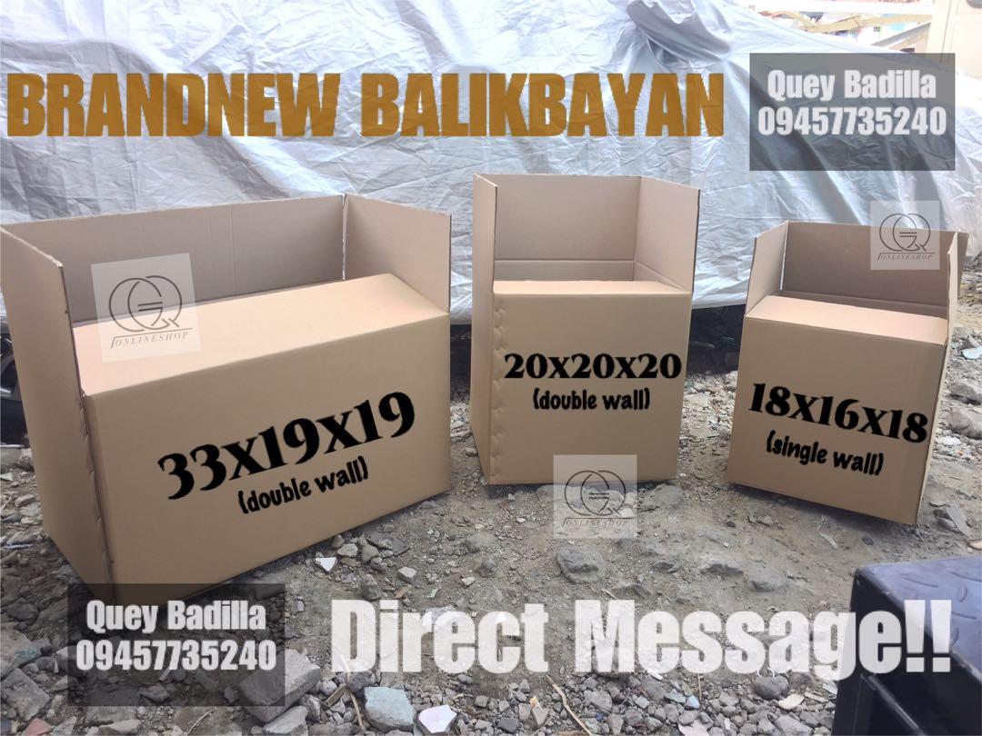 BRANDNEW BALIKBAYAN & SECONDHAND CORRUGATED BOX ATBP (Category: Storage Boxes & Baskets) located in Quezon City. Submitted by gq.packagingsupplies.ph (Listing ID 1093641638, Image 1). Description: 𝗕𝗿𝗮𝗻𝗱𝗻𝗲𝘄 𝗕𝗮𝗹𝗶𝗸𝗯𝗮𝘆𝗮𝗻 𝗕𝗼𝘅 🛒33” x 19” x 19” (heavy duty / double wall) 🛒20” x 20” x 20” (double wall) 🛒20” x 20” x 20” (single wall) 🛒18” x 16” x 18” (single wall) 𝟮𝗻𝗱 𝗵𝗮𝗻𝗱/𝘂𝘀𝗲𝗱 𝗯𝗼𝘅 🛒22” x 12” x 12 for 6gallon (doubl