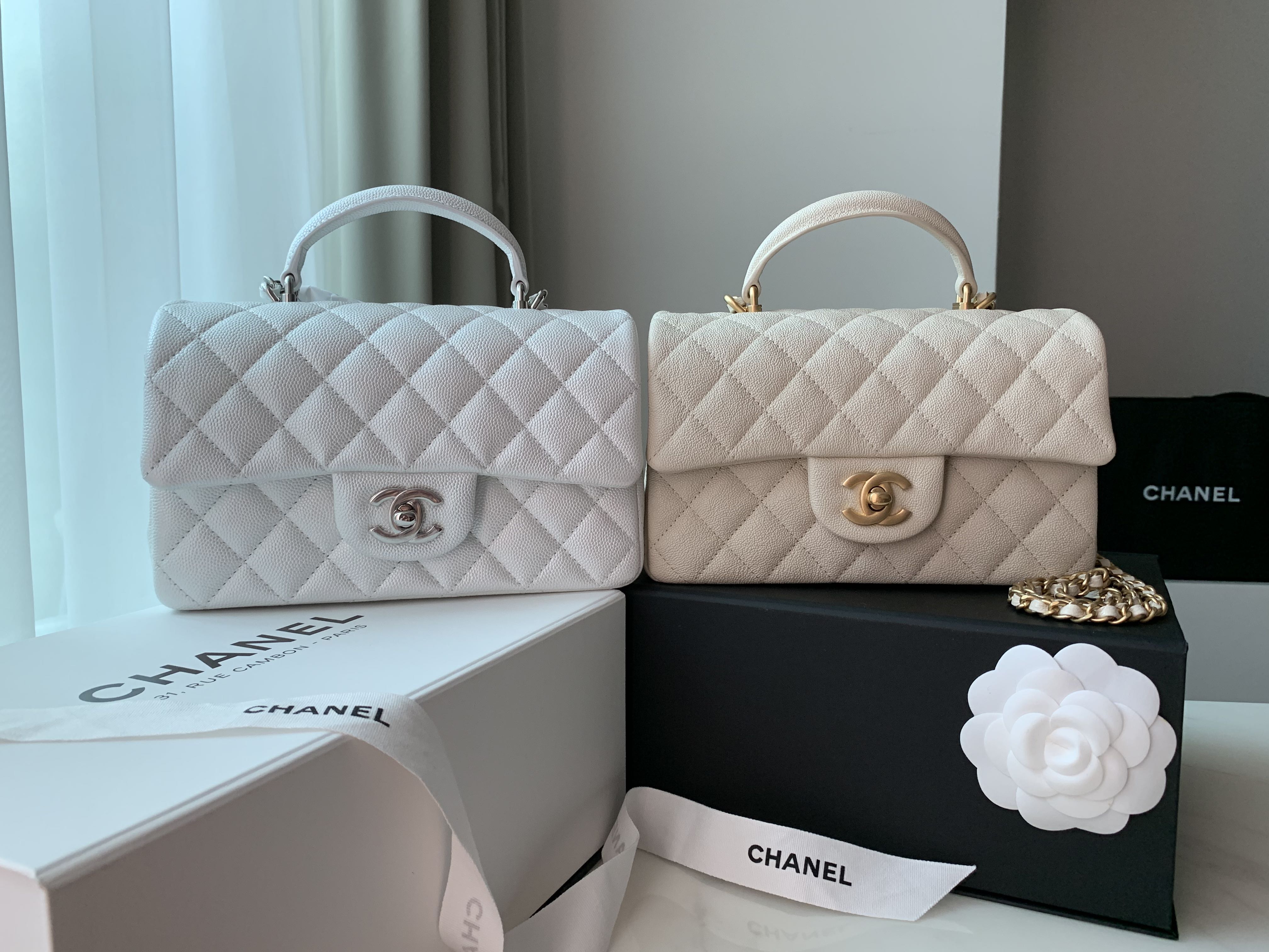 Chanel White Quilted Lambskin Vintage Classic Kelly Top Handle Bag