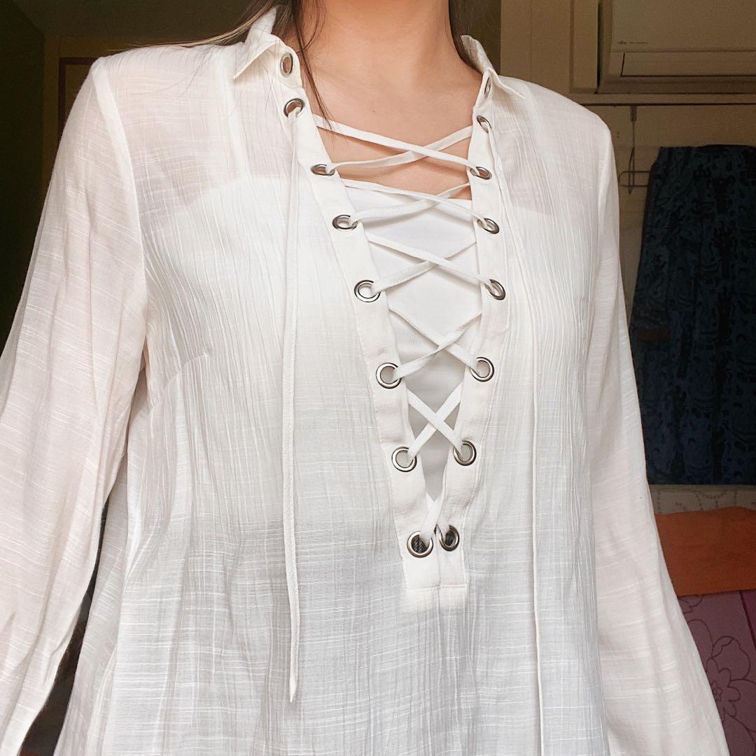 H M white shoelace lace up blouse