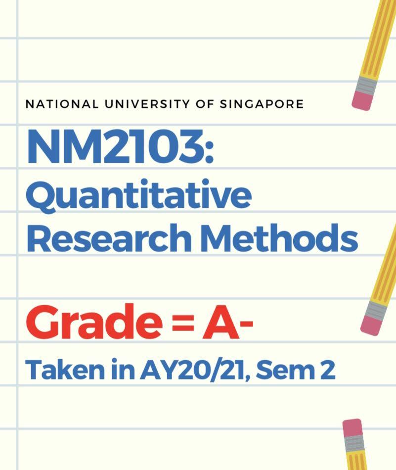 NM2103 Quantitative Research Notes (Category: Textbooks) located in Singapore. Submitted by thebq (Listing ID 1093486375, Image 1). Description: Taken in AY20/21 Sem 2 so this is the most recent iteration of the module! Obtained an A- grade. Ask me anything about the module if you are interested to learn anything more :) I will send you (via Google Drive): - Textbook in PDF - Lecture Notes - Individual Essay samples Reminder: DO NOT plagiarise my