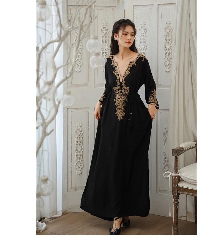 PO FREEPOSN Premium Long Sleeves Maxi Gold Embroidered Black Long