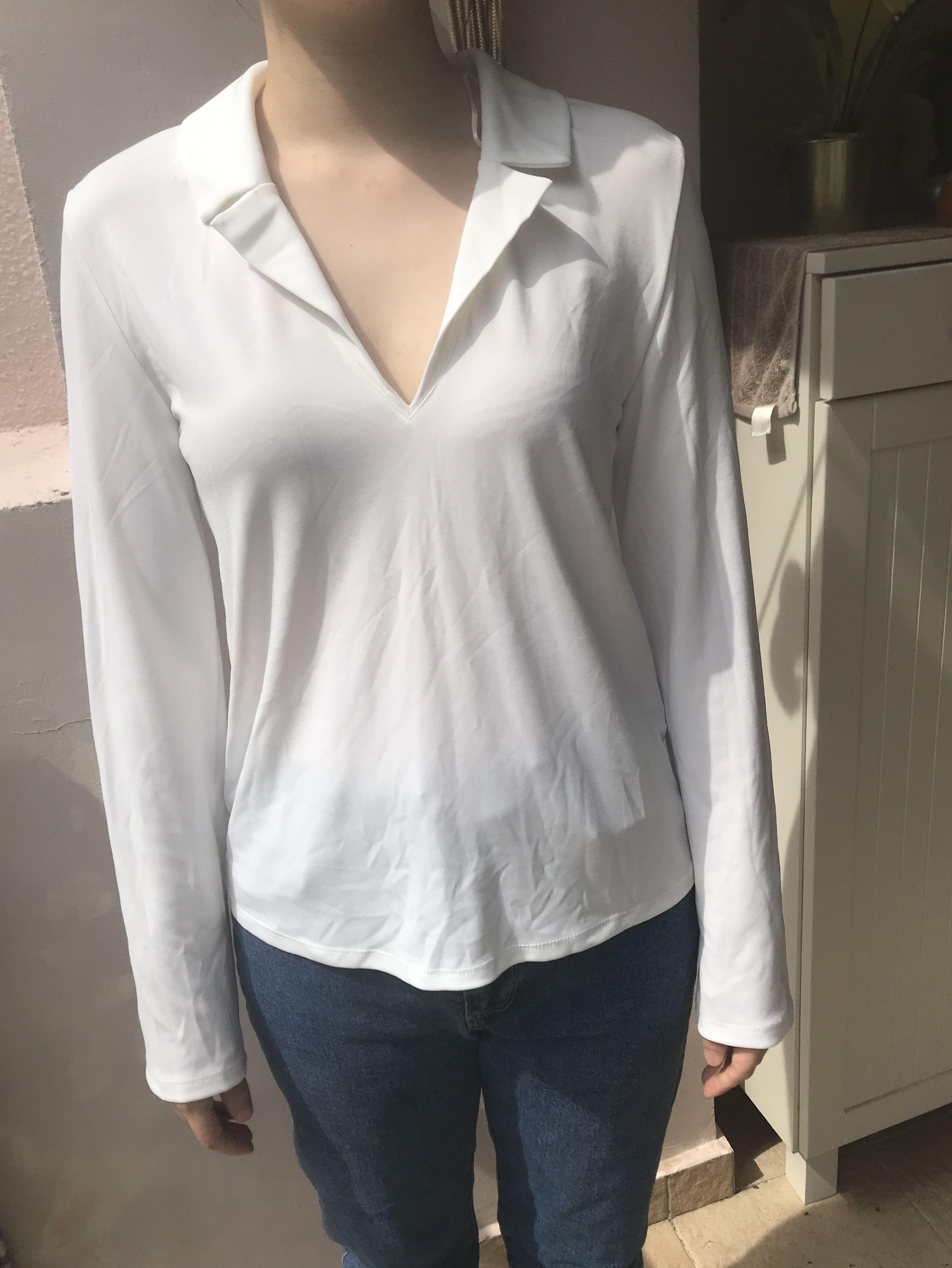 ZARA white long sleeve v neck shirt, Women's Fashion, Tops, Shirts