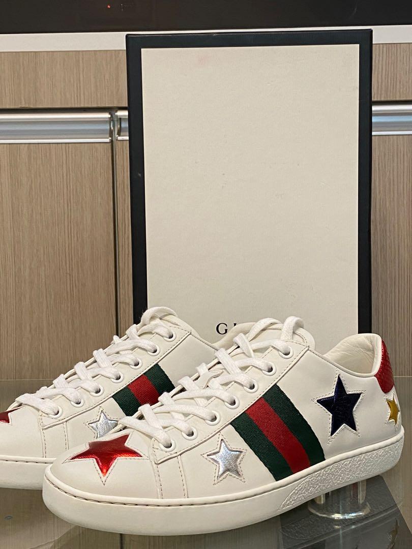 GUCCI ACE STAR EMBROIDERED LEATHER SNEAKERS, Women's Fashion, Footwear,  Sneakers on Carousell