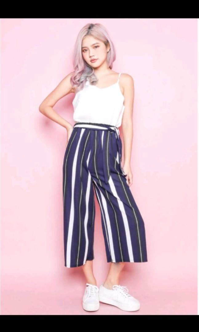 Navy blue white stripe pants, Women's 