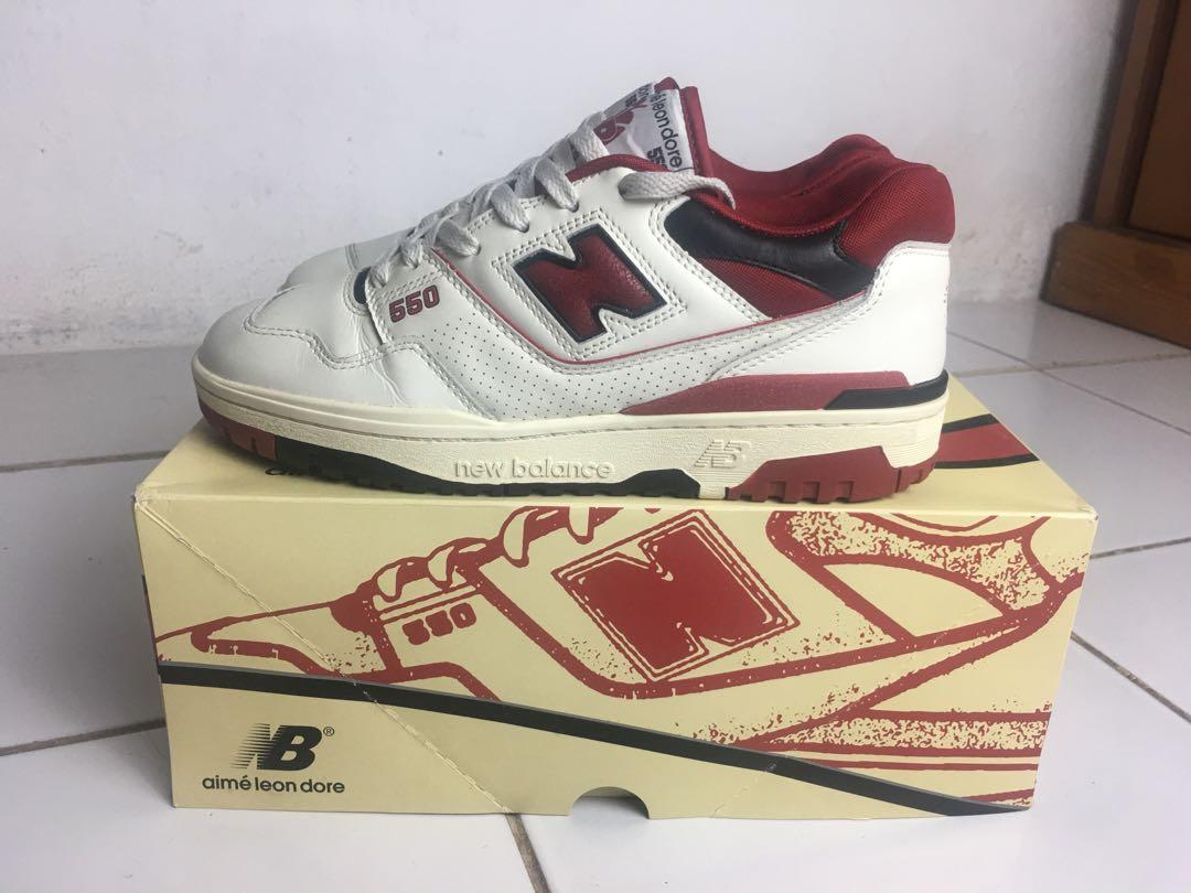 New Balance 550 x Aime Leon Dore White Red, Fesyen Pria, Sepatu , Sneakers  di Carousell