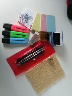 Stationery supplies (Stabilo, sticky notes, sharpener, eraser, drawing pencils)