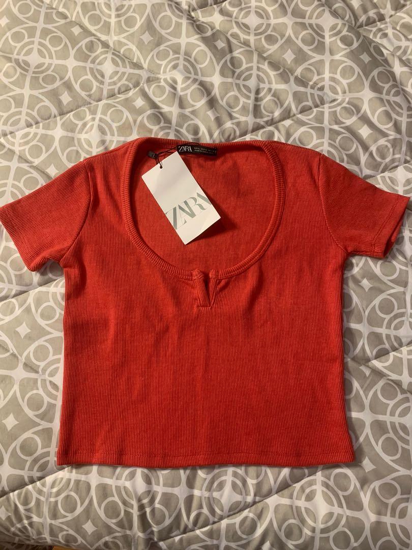ZARA red cropped ribbed shirt, Women's 