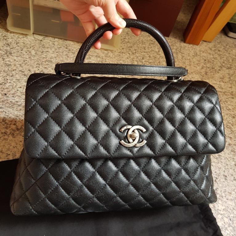 Authentic Full Set Chanel Coco Lizard Handle Large Black RHW