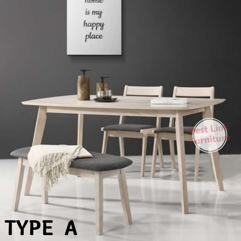Dining Table Set (Table + 1 Bench + 2 Chairs), Furniture & Home Living