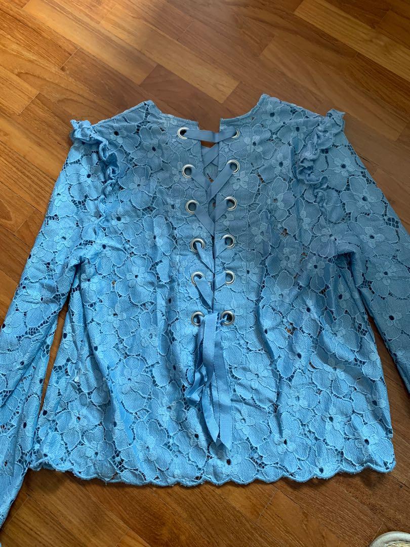 H M blue floral lace top with ribbon tie back details Women s