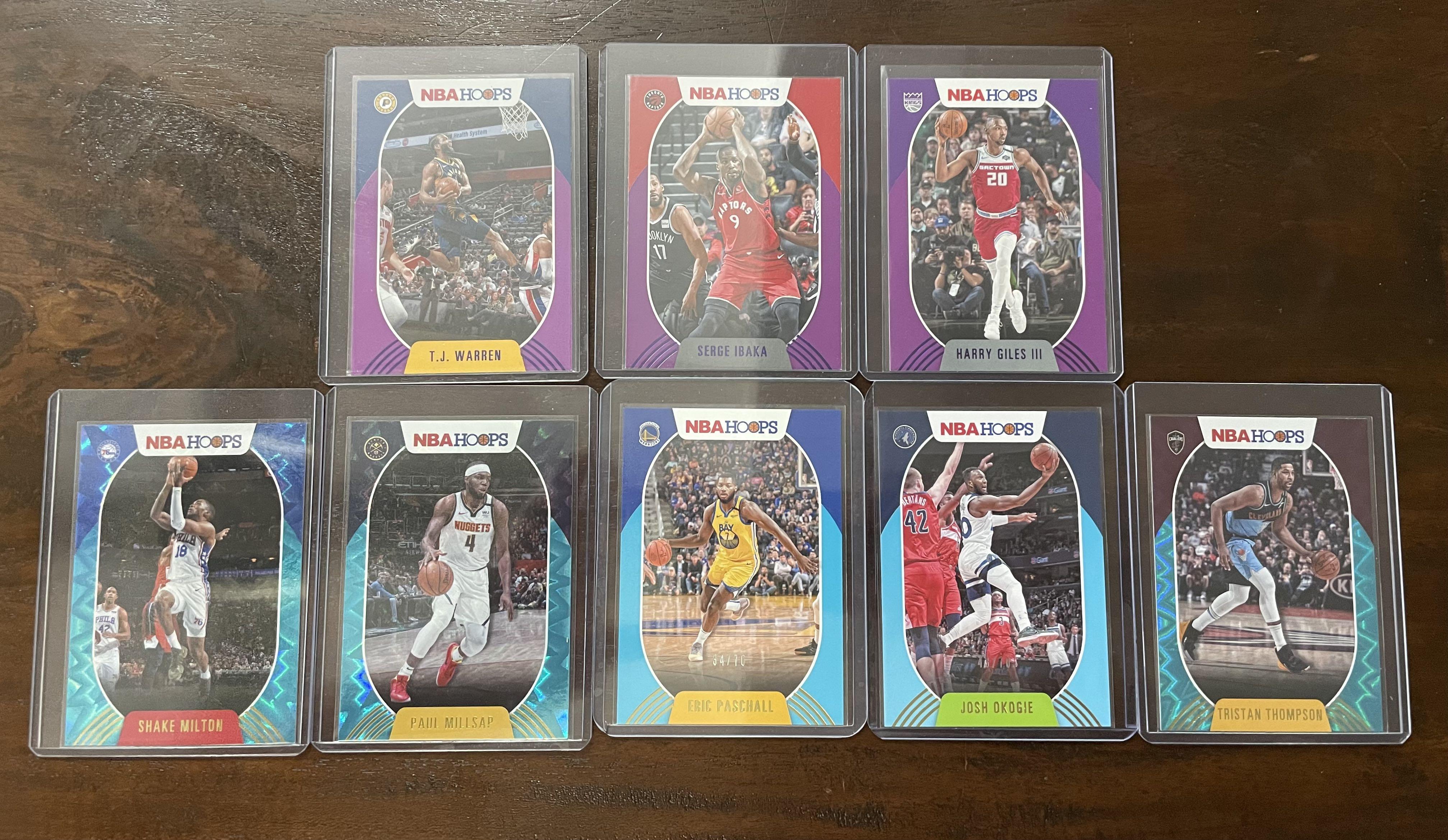 Hoops Inserts (Category: Raw Cards) located in Singapore. Submitted by sly08 (Listing ID 1093959481, Image 1). Description: For Sale: Hoops Parallels Purple Parallels: Serge Ibaka, TJ Warren, Harry Giles Teal Explosion: Shake Milton, Paul Milsap, Tristan Thompson Numbered Parallels: Josh Okogie - 43/70 Eric Paschall - 34/70 Price: Sgd 30 (Slightly Negotiable) Condition: Used Deal at Tampines. Mailing can be arrange to be bear by buyer. Not splitt