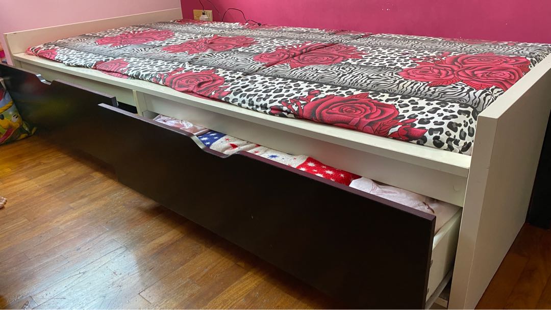 ikea single bed frame with foldable mattress rarely used 50 sgd only furniture home living furniture bed frames mattresses on carousell