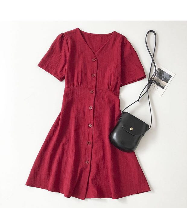Red button down dress with tie back ...
