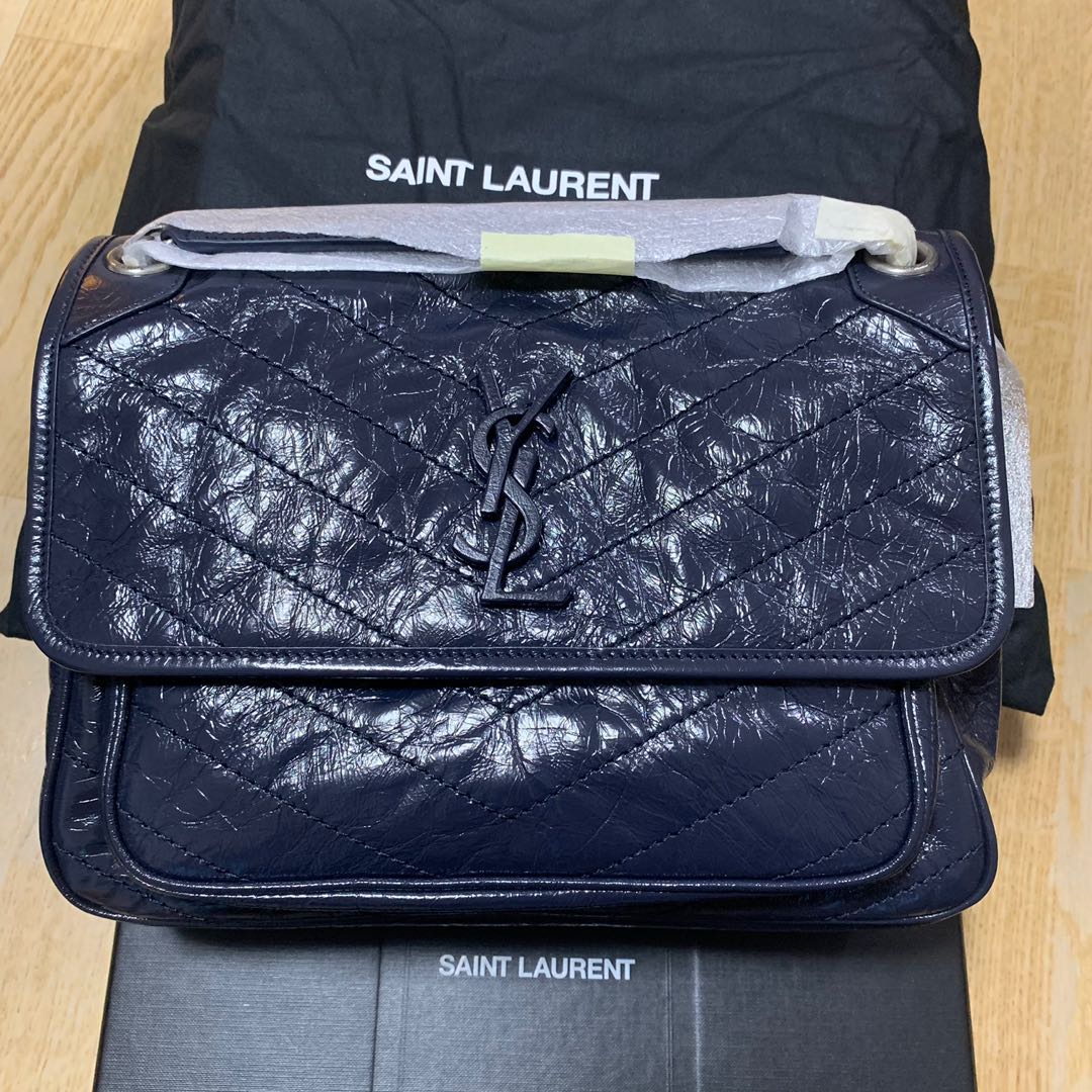 YSL Niki LARGE Crinkled Blue/ Navy Authentic RARE on