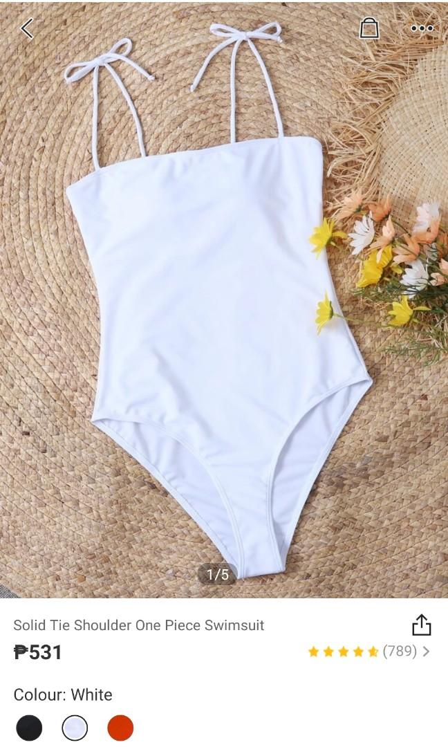 Shein Solid Tie Shoulder One Piece Swimsuit Women S Fashion Swimwear Bikinis Swimsuits On Carousell