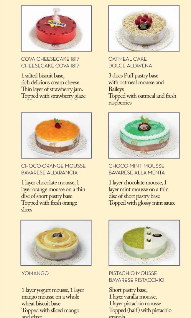 Cova sales cake menu