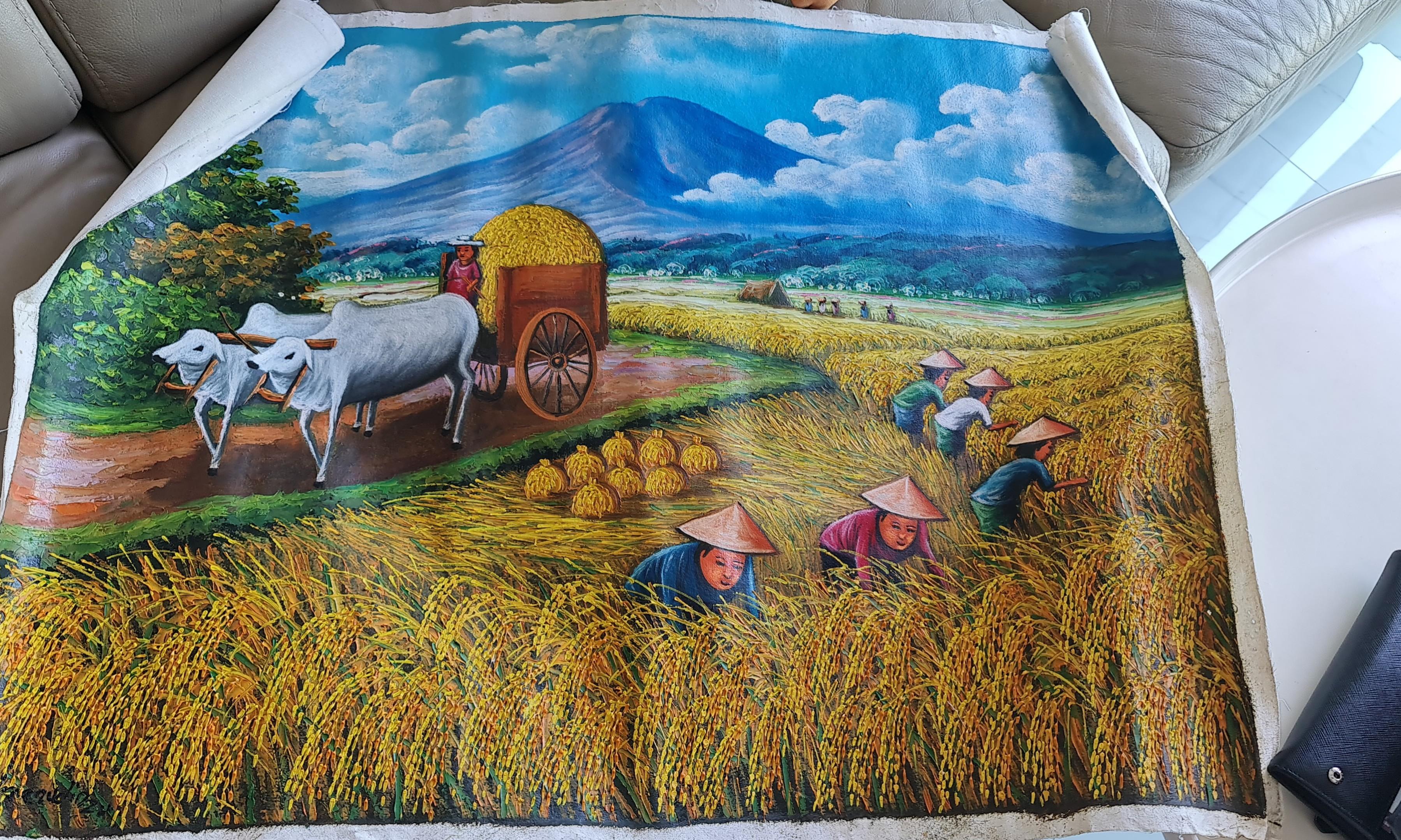 Waterfall And Rice Harvest Feng Shui Painting Symbol of Prosperity