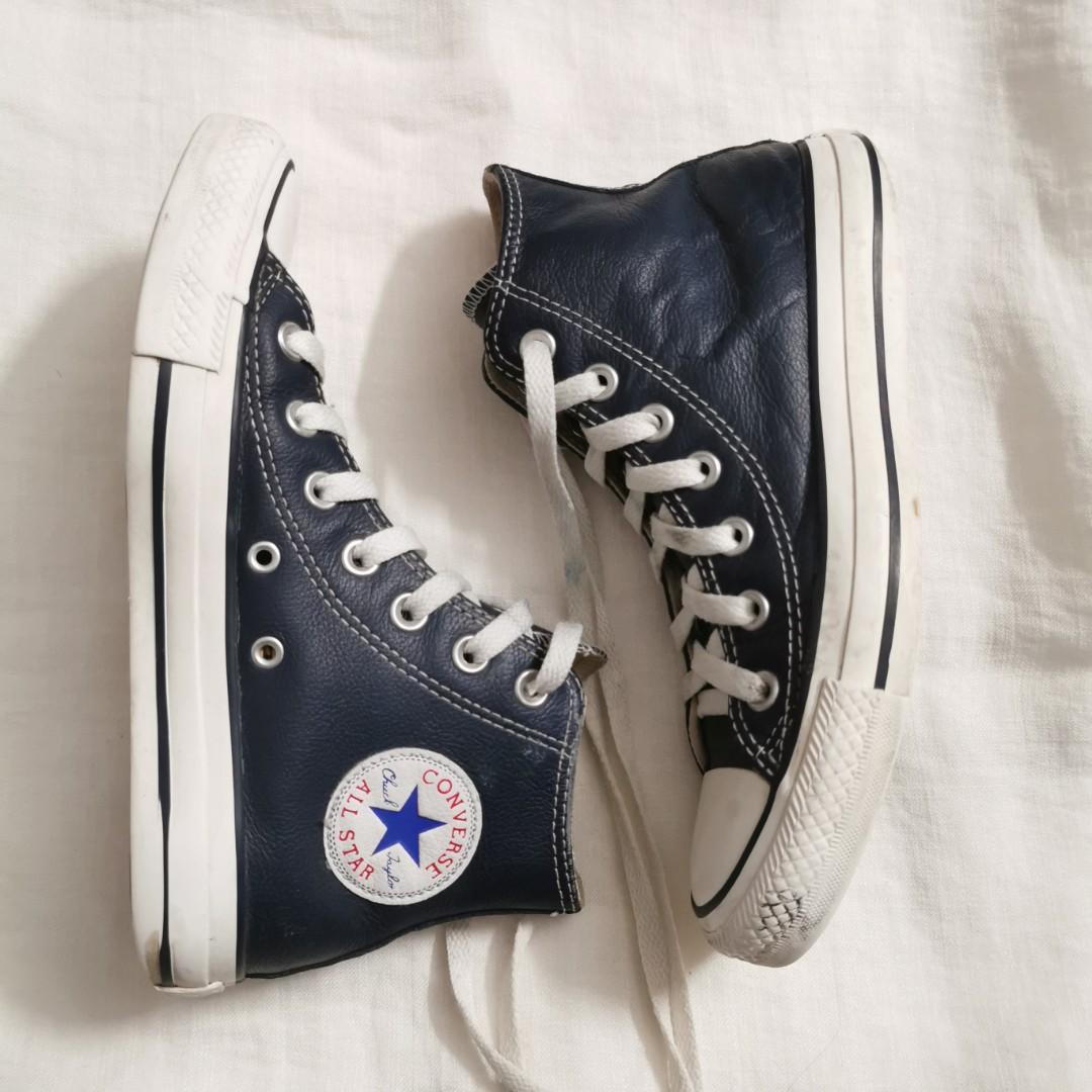 Leather Converse High Top Sneakers in NAVY BLUE▪️Unisex ▪️Women's US / Mens , Women's Fashion, Footwear, Sneakers on Carousell