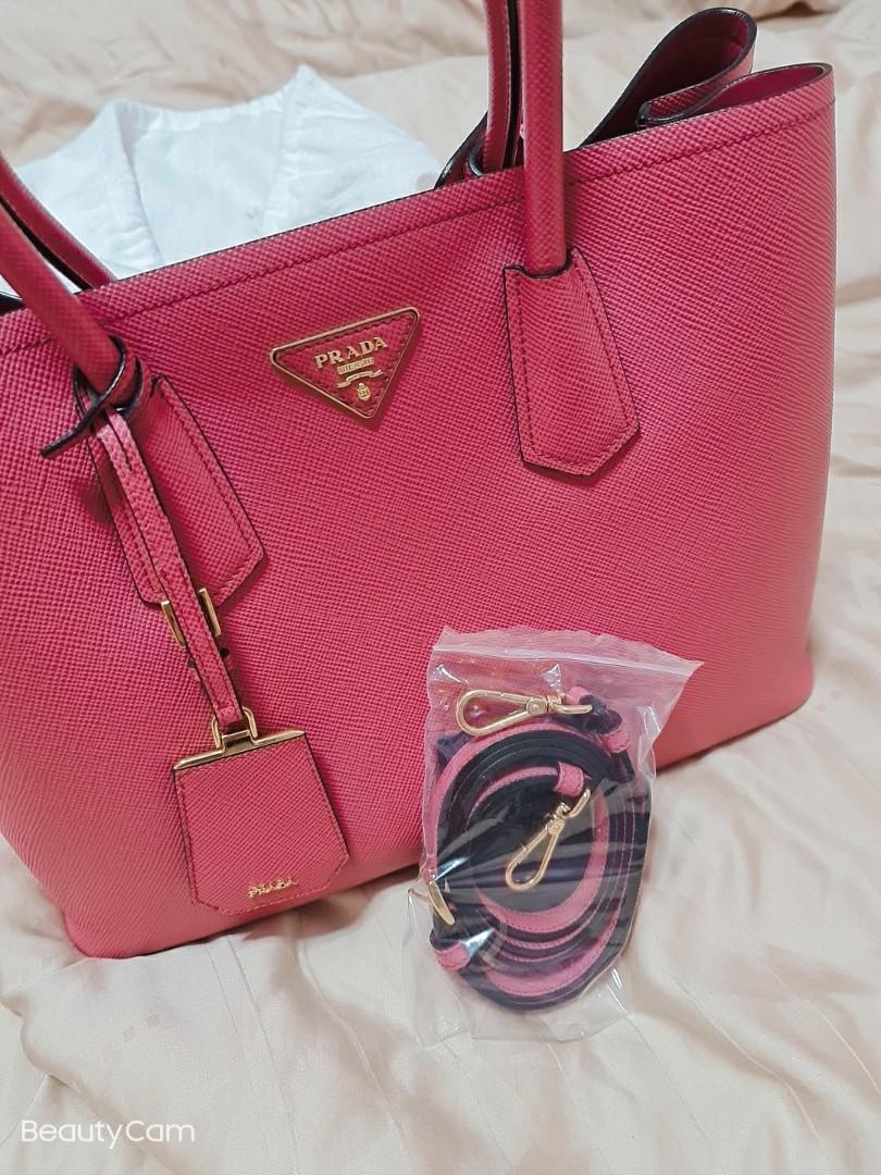At Auction: Prada Cuir Double Tote Saffiano Leather Large Pink