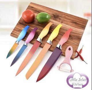 Rainbow Kitchen Knife Durable Stainless Steel Attractive Colourful 5 pieces with 1 Peeler Set Sharp Slick Modern Knives