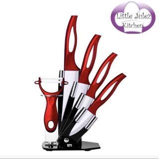 Red Beauty Knife Ceramic 6piece Set With Holder Modern Latest Design Slick Sharp Knives for Kitchen Top Designer Look