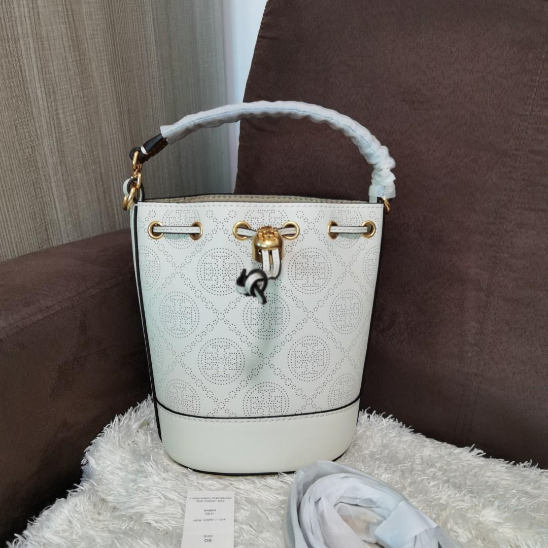 Tory Burch T Monogram Perforated Leather Mini Bucket Bag In Ivory