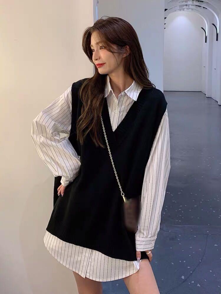 ulzzang ins oversized vest and long blouse outfit, Women's Fashion, Tops,  Blouses on Carousell
