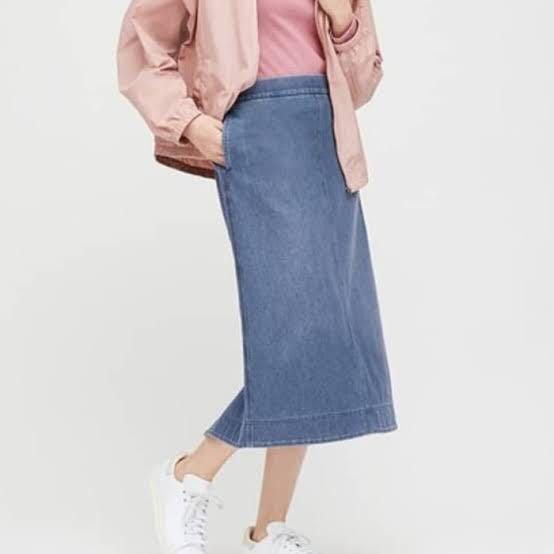 Uniqlo Denim Midi Skirt Fesyen Wanita Pakaian Wanita Gaun Rok