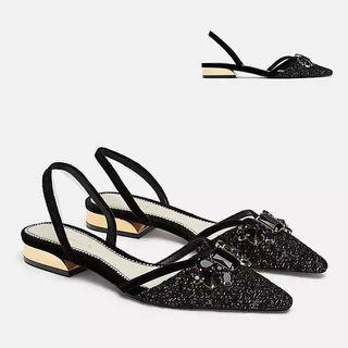 ZARA Pointed Rhinestone Sandals with Back Trip Strap Flat Shoes