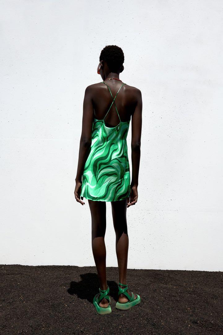 BNWT Zara green swirl slip satin dress ...