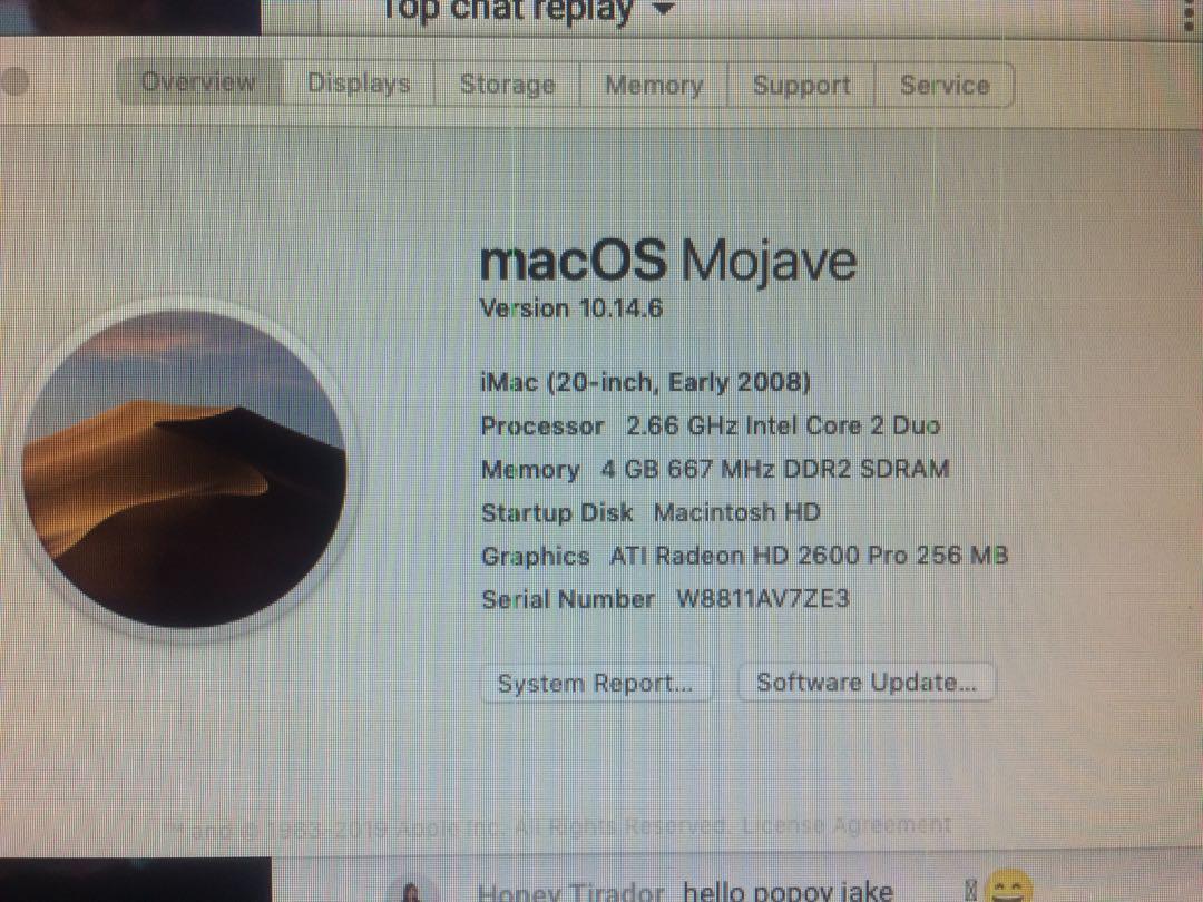 iMac 20.5inch Intel core 2 duo 2.66ghz 2gb ram memory (Category: Desktops) located in Valenzuela. Submitted by eriq.eriq (Listing ID 1093048585, Image 1). Description: Imac core2 duo 20inch, unit only. With keyboard and mouse, Nagagamit pa ng maayos. nasa pics na spec Pwede gamitin online class, or fb and youtube, working camera, wifi, bluetooth usb ports, lan and firewire. Issue: medyo garalgal speaker pag todo vol. and may mga line sa screen. S