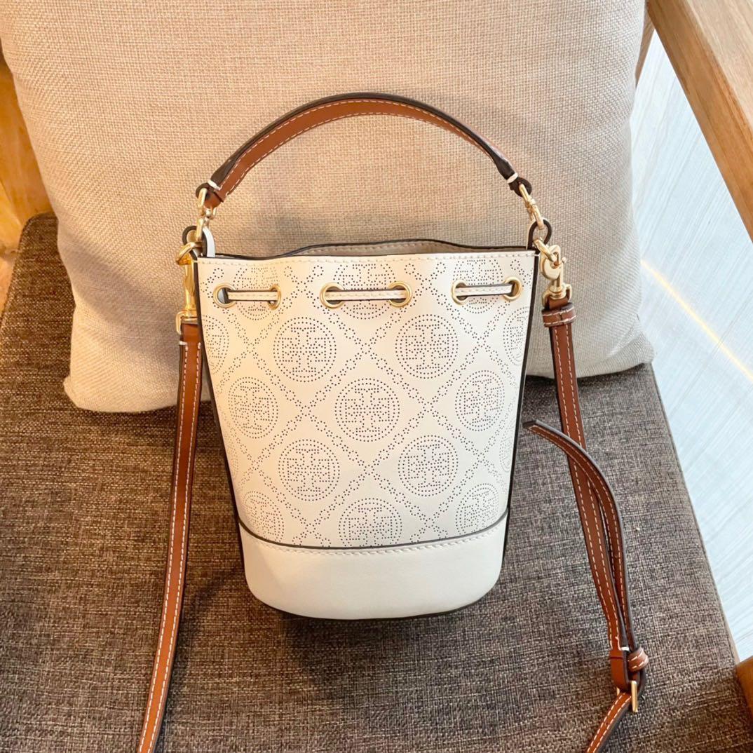 New Tory Burch Monogram White Bucket Bag Small Women s Fashion Bags Wallets Purses Pouches on Carousell