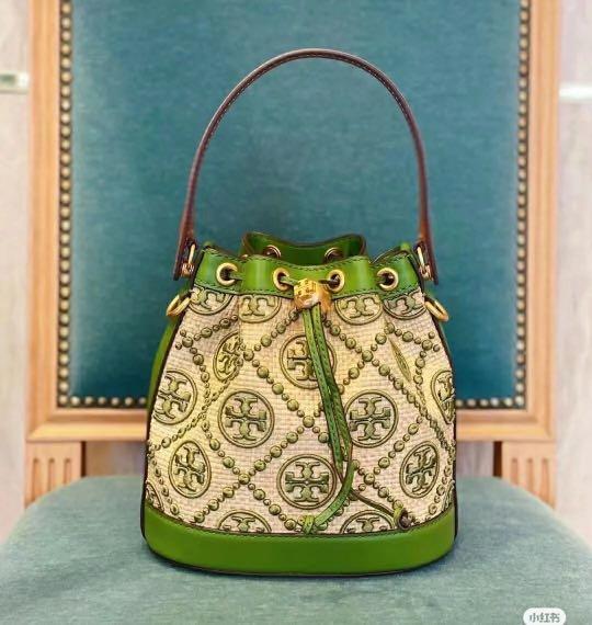 Tory Burch T Monogram Straw Bucket Bag in Green