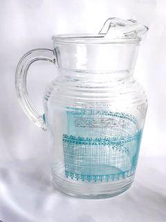 Vintage pitcher from the 1960s, clear pressed glass with basketweave design, 2L capacity, never used