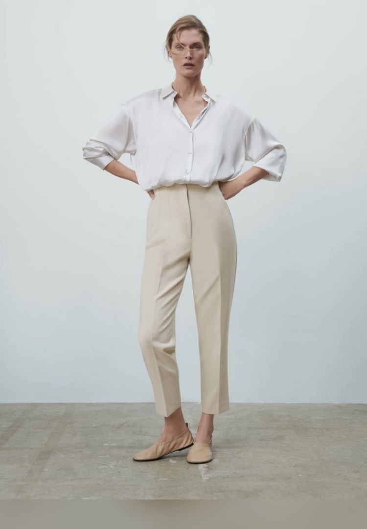 ZARA high waist darted trousers in beige (L size), Women's Fashion, Carousell