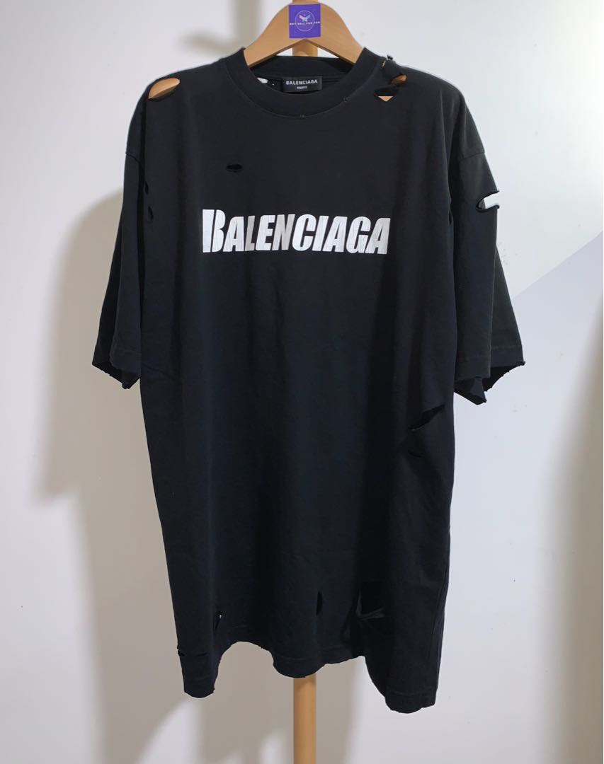 Balenciaga Distressed Logo Black Tee, Men's Fashion, Tops & Sets ...