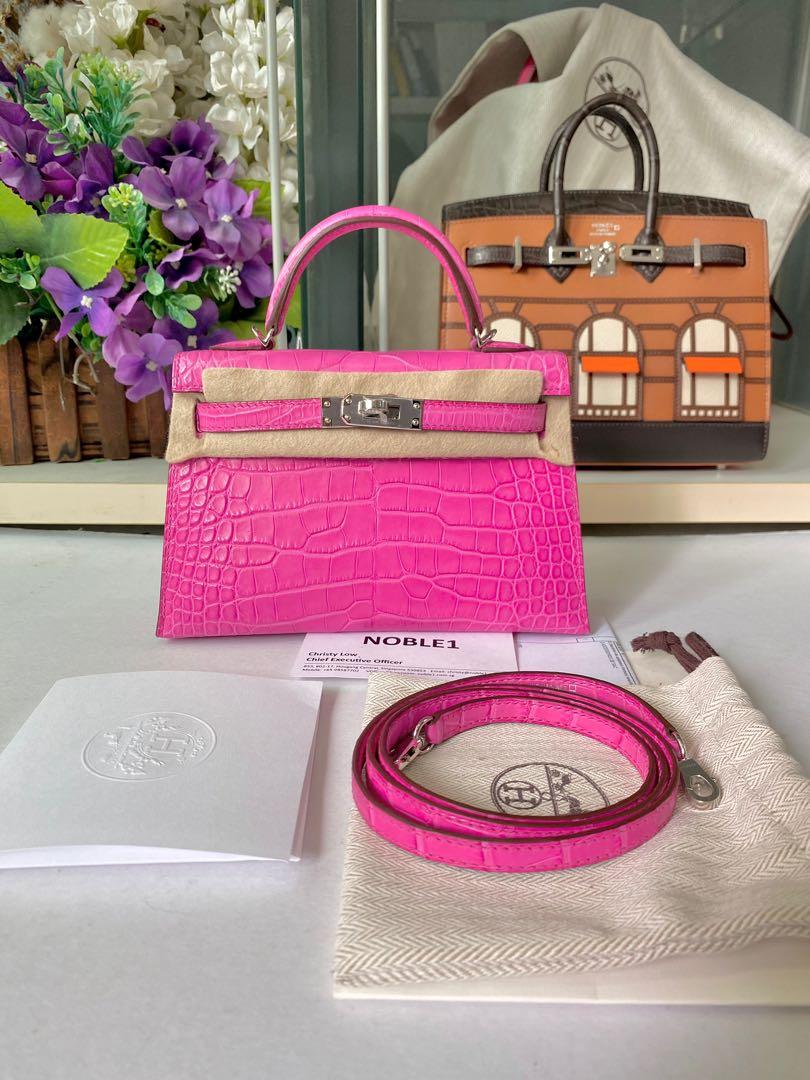 Hermes Kelly 20 Rose shocking matte Croc palladium hardware