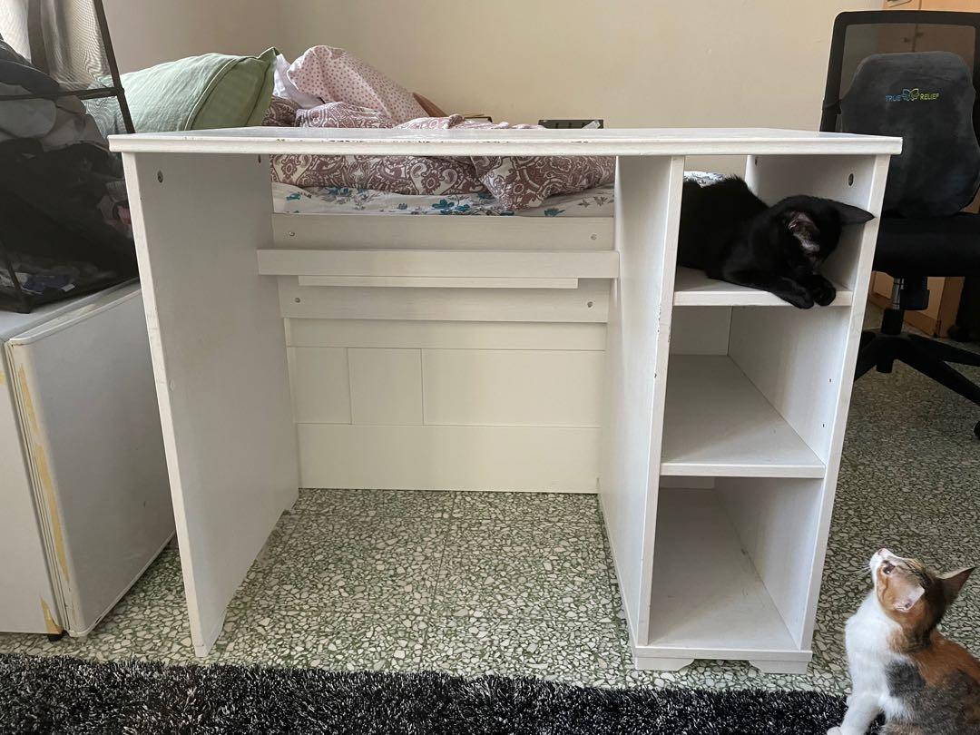 IKEA Study Table (Category: Tables & Sets) located in Singapore. Submitted by tiongbahrucat (Listing ID 1094675775, Image 1). Description: Easily dismantled and can fit into a taxi. Will provide tools for dismantling. ❤️ Extension cord holder for cables. Convenient to use for laptop charger, phone chargers, etc ❤️ 3 large shelves to store items ❤️ Good condition with wear and tear as pictured ❤️ 90x70x52cm Pickup at anytime from Tiong Bahru Yong 