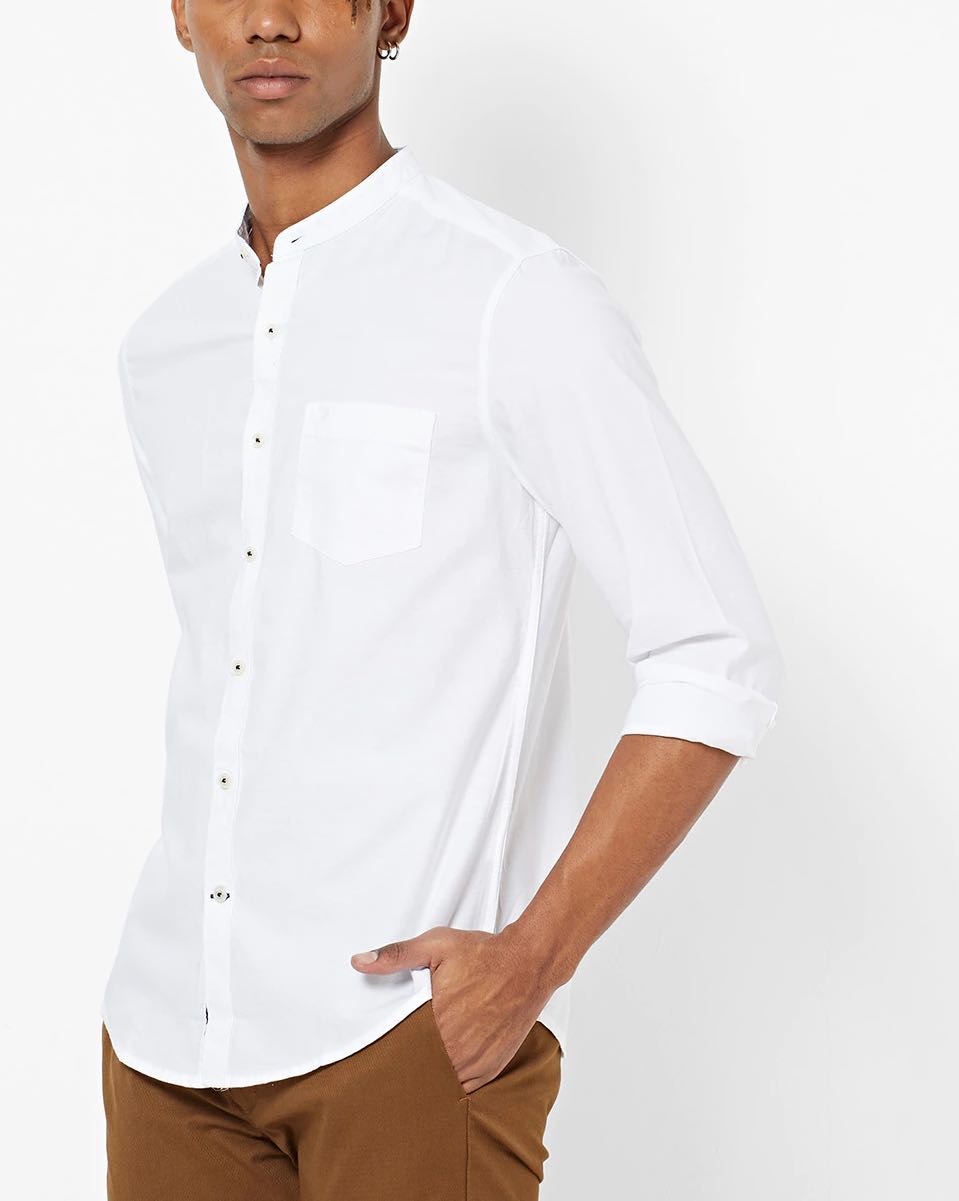 MEN S Classic white linen like mandarin chino collar long sleeve