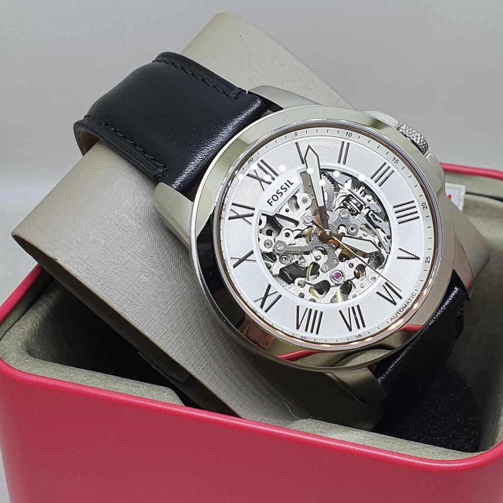 RESTOCK ORIGINAL FOSSIL GRANT AUTOMATIC WHITE DIAL BLACK LEATHER