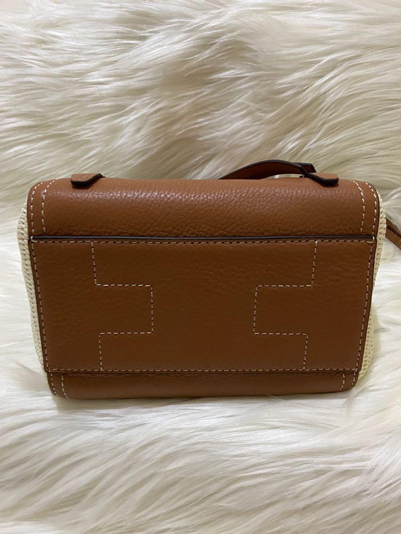 Tory Burch Half Moon Straw & Leather CROSSBODY BAG, Barang Mewah, Tas