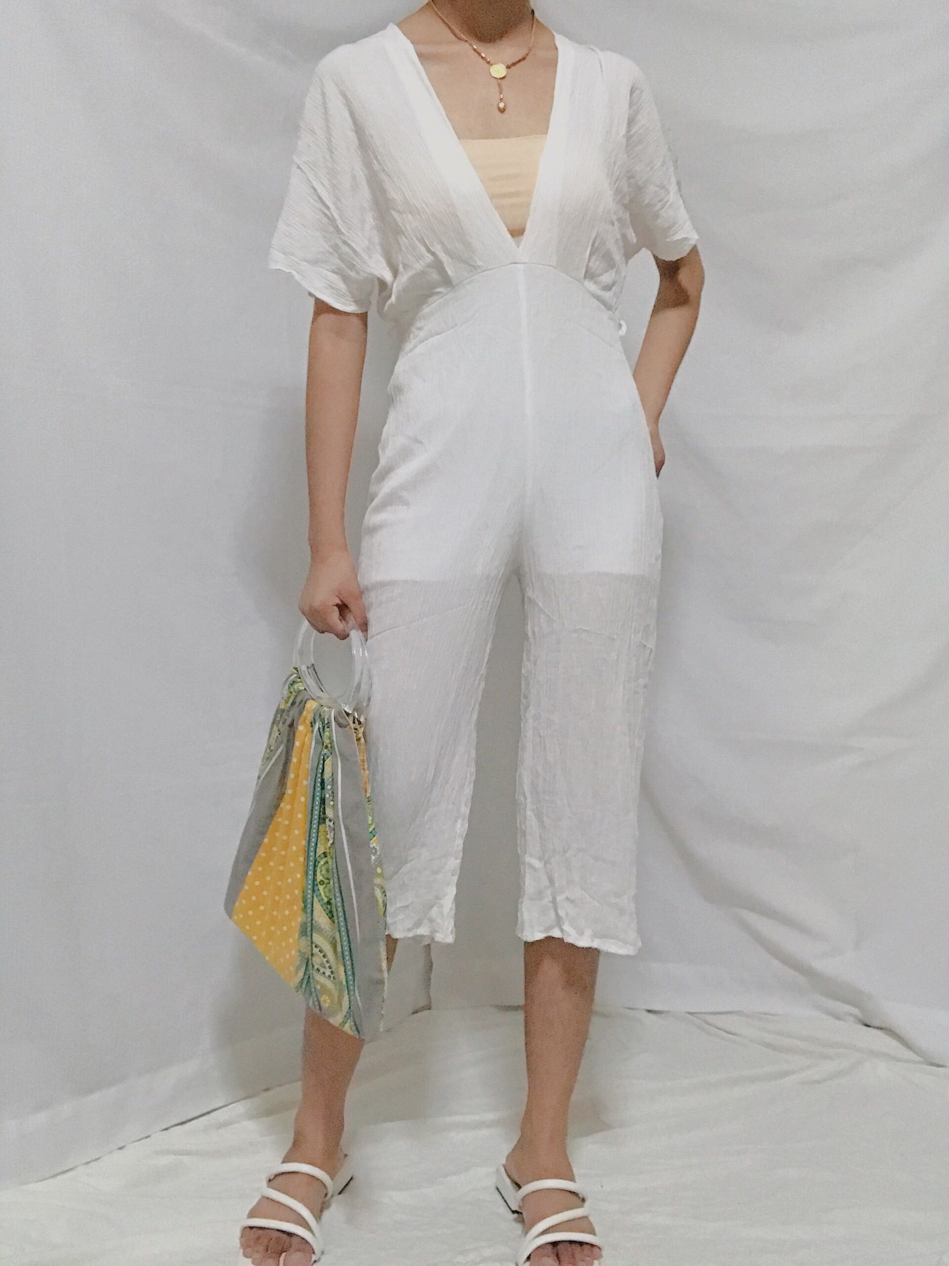 White deep v-neck jumpsuit, Women's 
